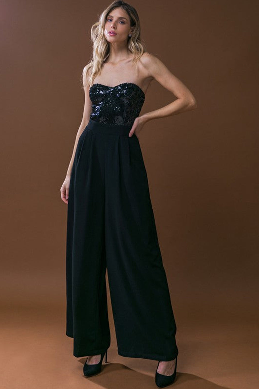 Black Sequin Tube Top Floor Length Wide Leg Jumpsuit