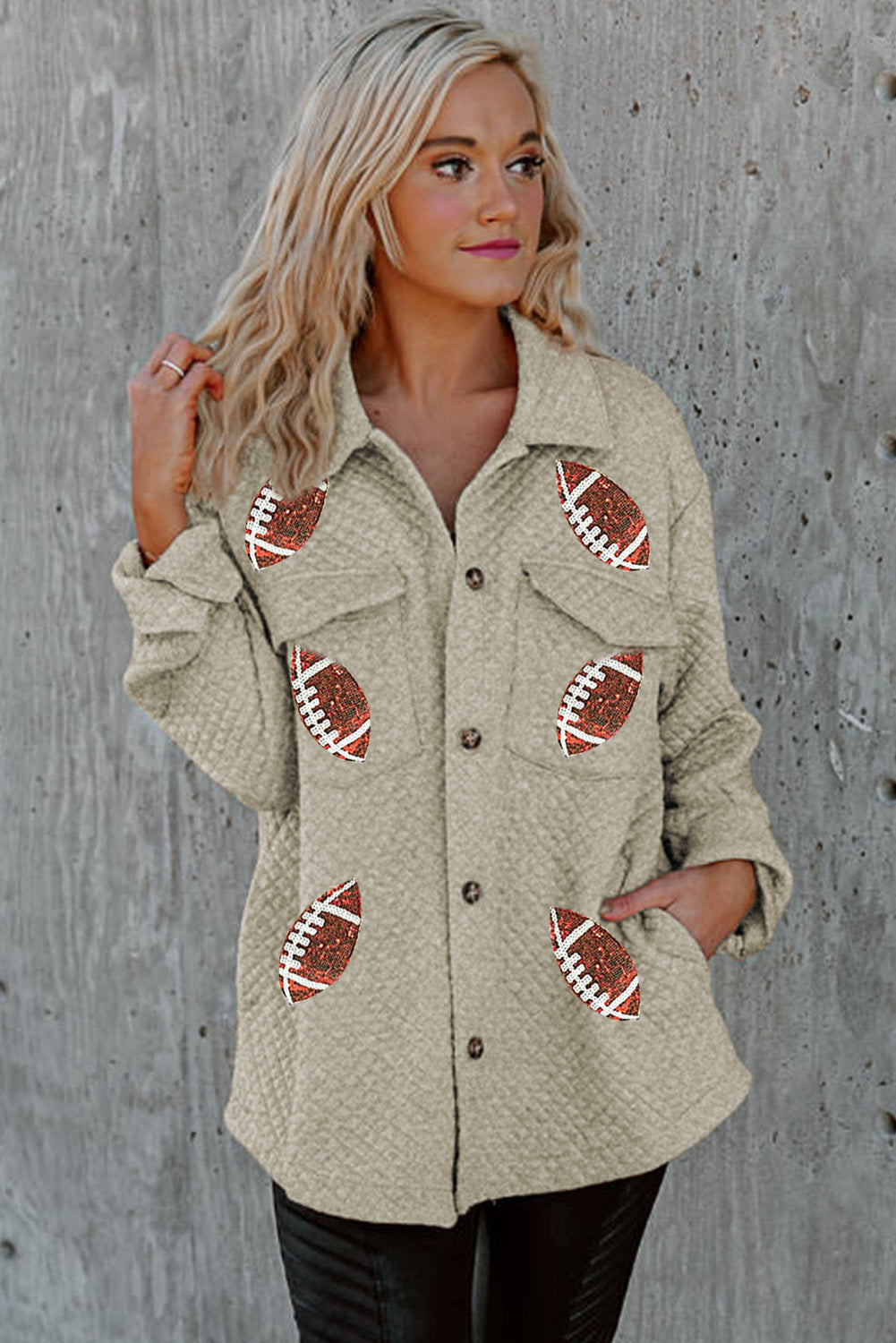 Beige Quilted Baseball Graphic Button Down Shacket