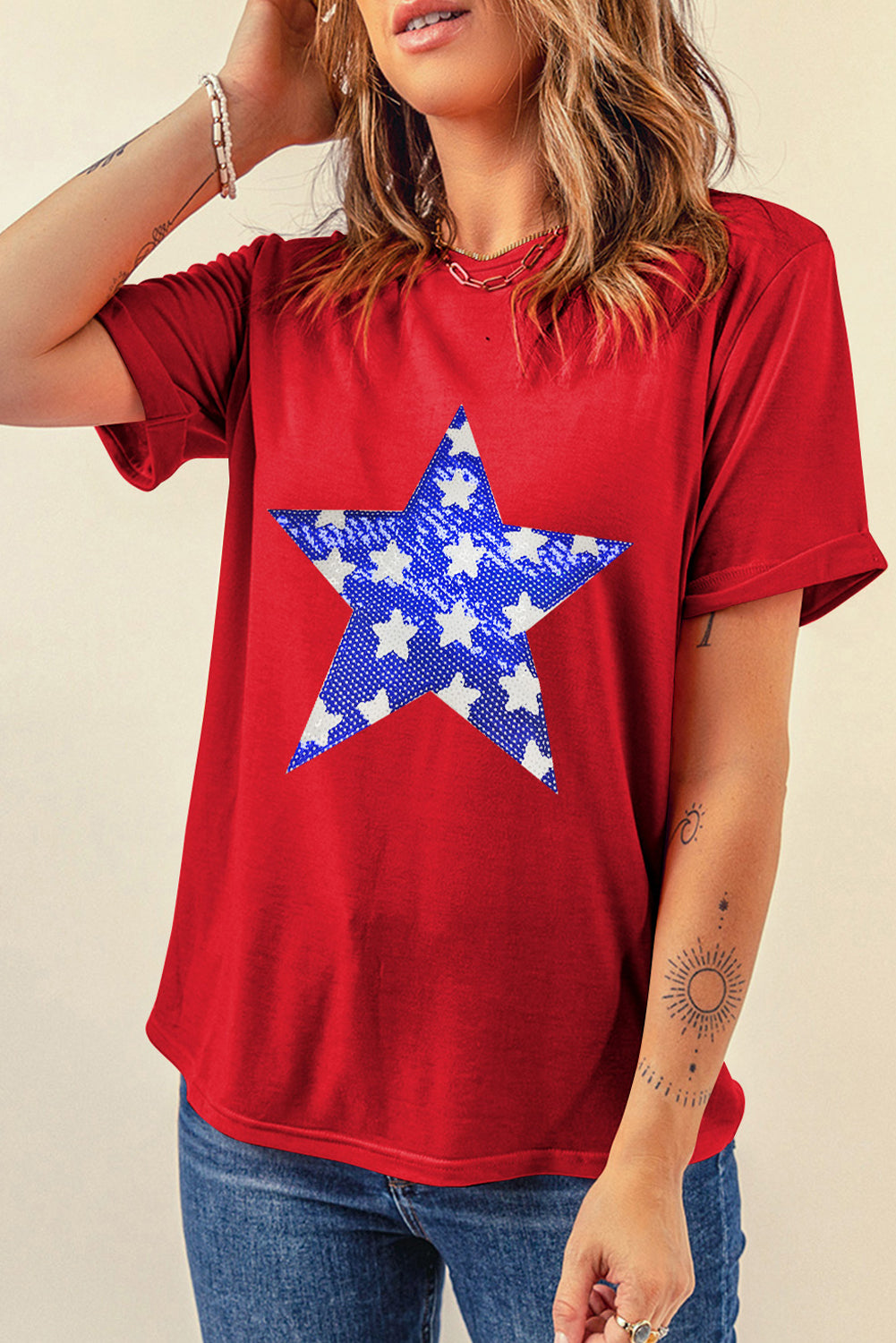 Sequin Star Round Neck Short Sleeve T-Shirt