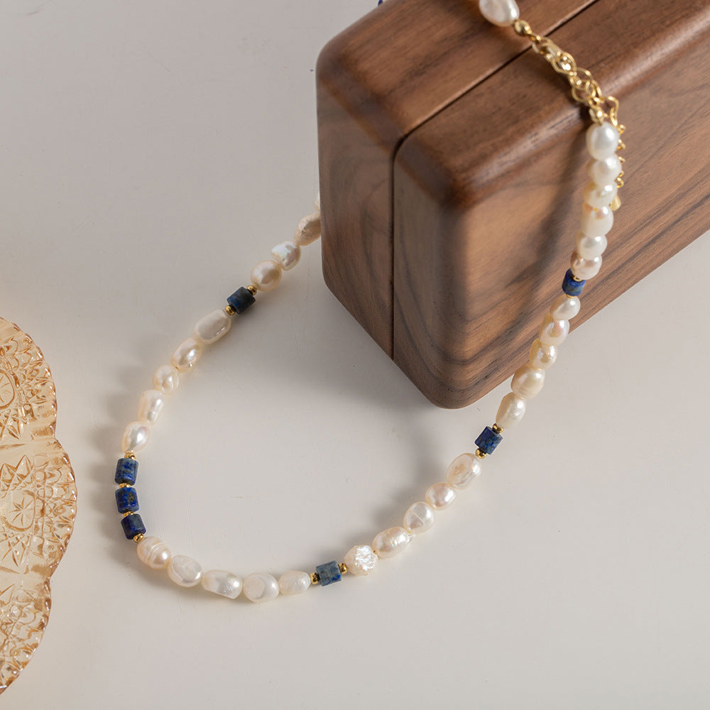 Classic Noble Karaine Blue Lapis Lazuli with Natural Freshwater Pearl Beaded Design Versatile Necklace