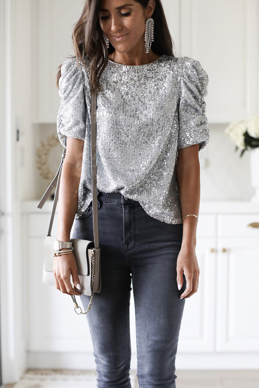 Silvery Ruched Puff Sleeve Sequins Short Sleeve Blouse