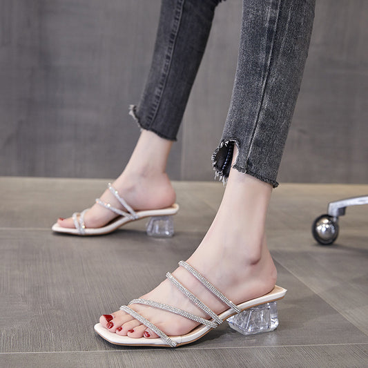 Women's New Rhinestone Chunky Heel Sandals