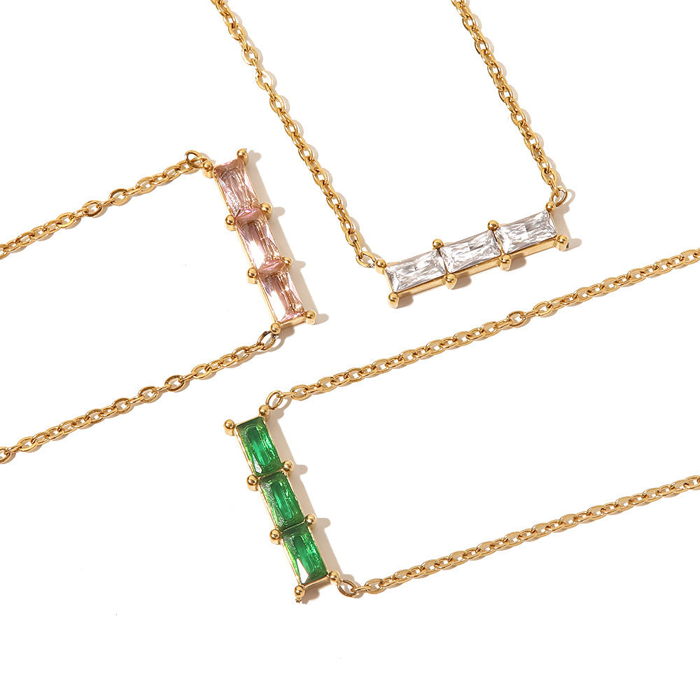 18K gold inlaid three green/pink/white zircon all-match necklace