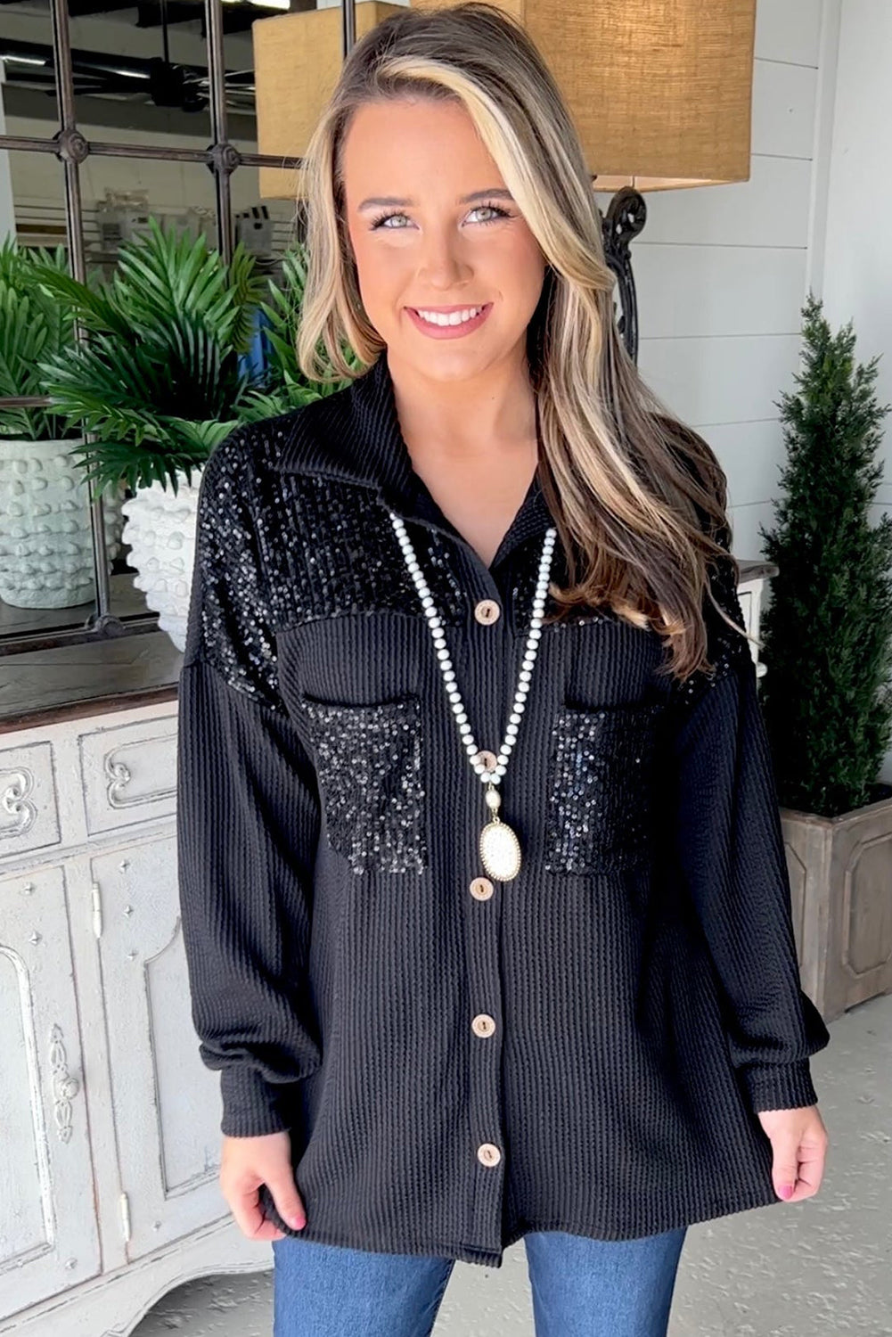 Parchment Sequin Patch Chest Pocket Corded Shirt