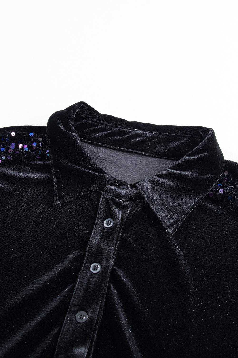 Black Velvet Sequin Puff Sleeve Button Babydoll Blouse