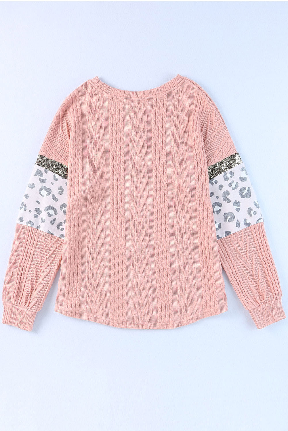 Pink Leopard Sequin Splicing Sleeves Textured Knit Top