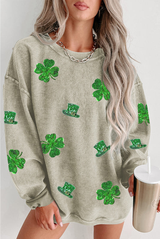 Green St Patrick Sequined Clover Graphic Corded Sweatshirt