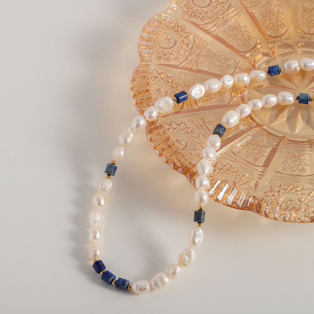 Classic Noble Karaine Blue Lapis Lazuli with Natural Freshwater Pearl Beaded Design Versatile Necklace