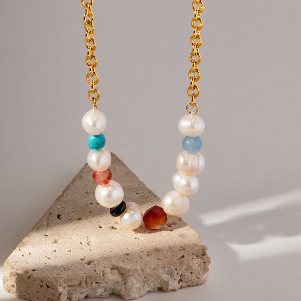 Retro fashion colorful natural stone with pearl beading design versatile necklace