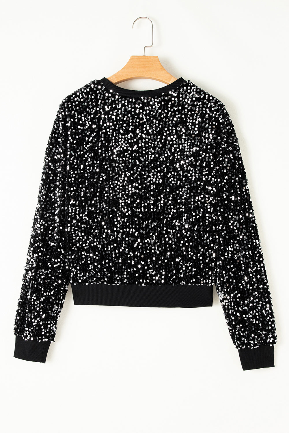 Black Sequined Crew Neck Cropped Sweatshirt