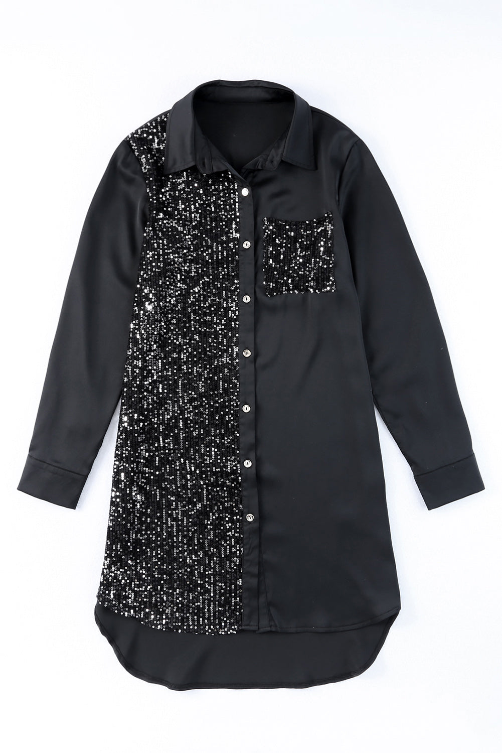 Black Sequin Splicing Pocket Casual Buttoned Shirt Dress