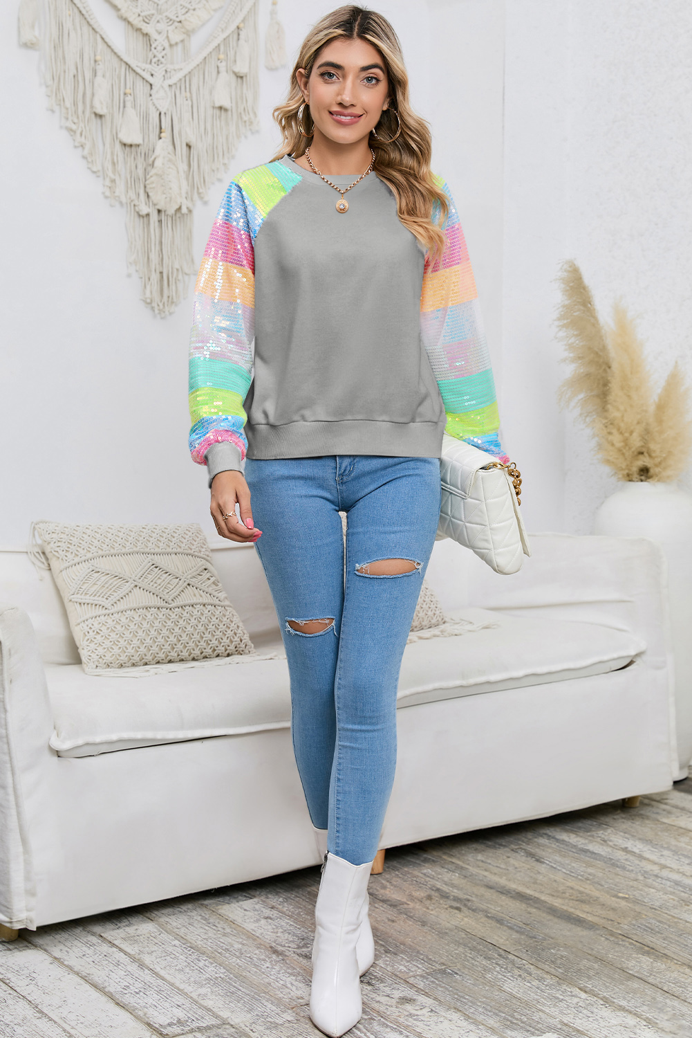 Gray Sequin Color Block Long Sleeve Pullover Sweatshirt