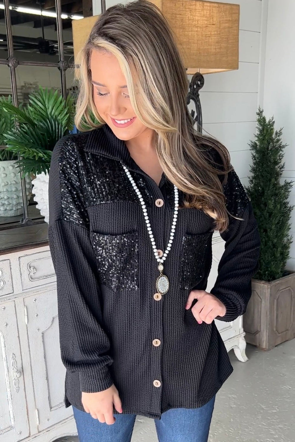 Parchment Sequin Patch Chest Pocket Corded Shirt