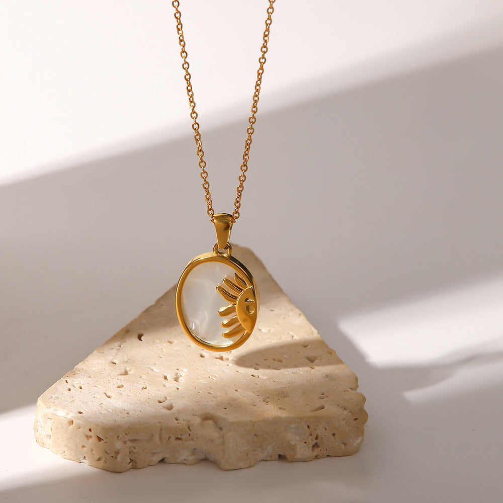 8K Gold Plated Oval Sun Moon Shell Pendant Necklace