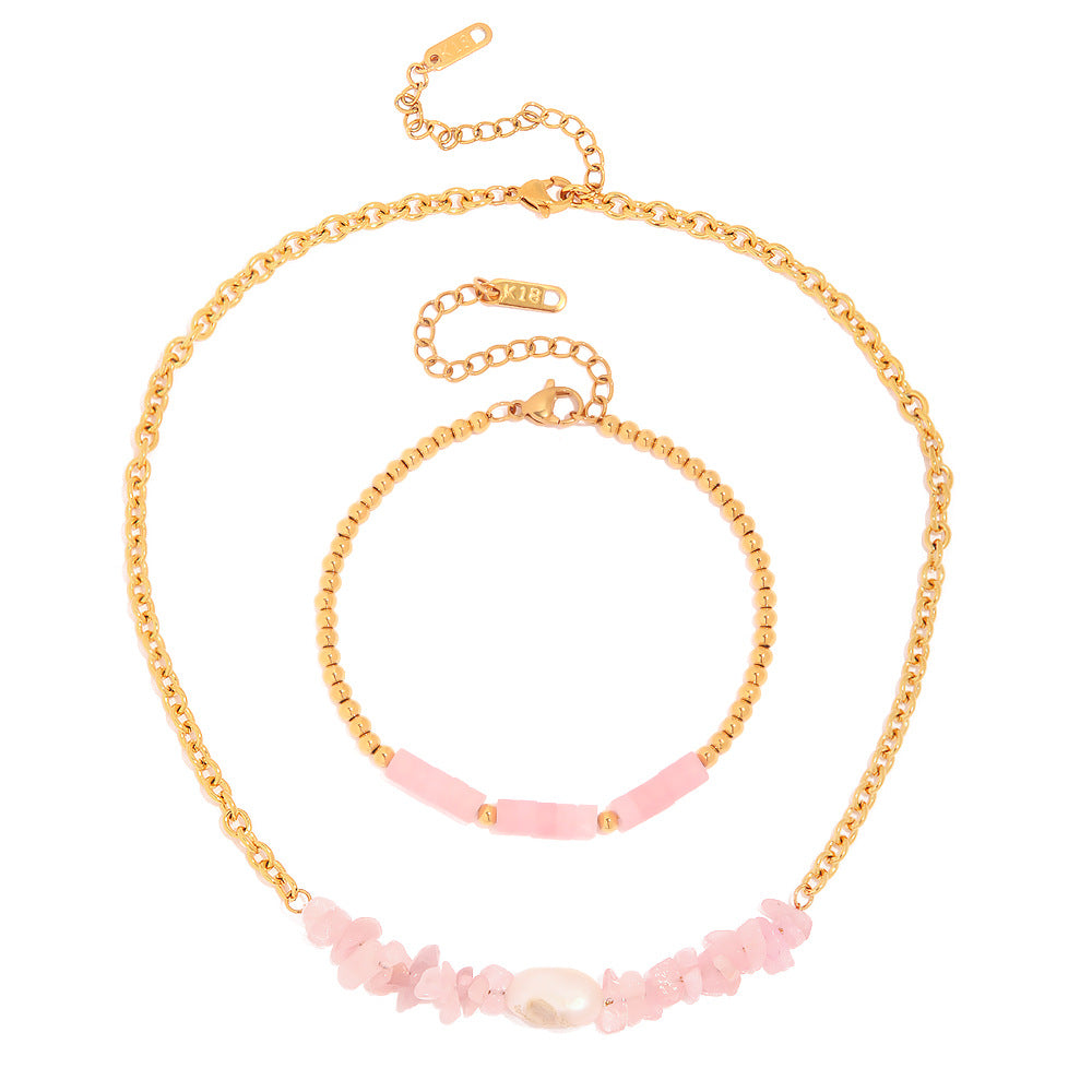 18K Gold Exquisite Fashion Inlaid Rose Quartz Baroque Pendant Design Necklace and Bracelet Set