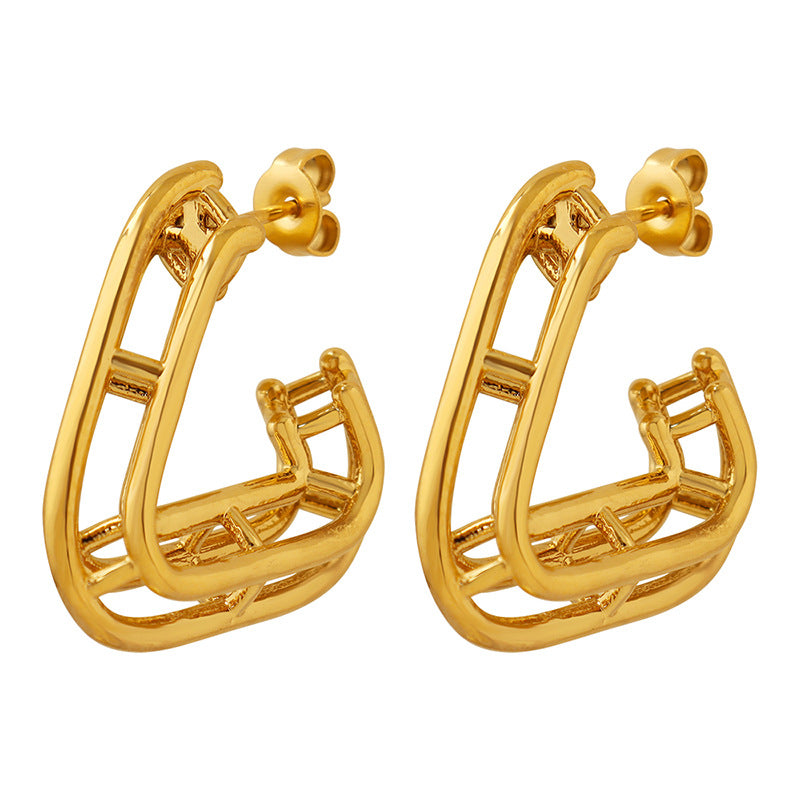 18K Gold Exquisite Simple Hollow Triangular Multi-layer Stitching Design Versatile Earrings