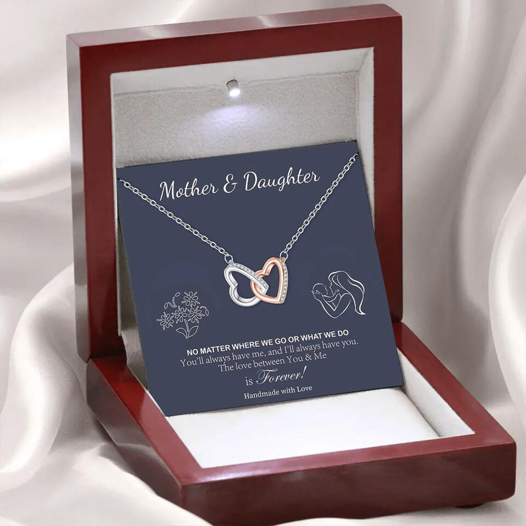 Two-Tone Diamond Paved Heart-to-Heart Double Links Gift Box Necklace for Mom or Daughter