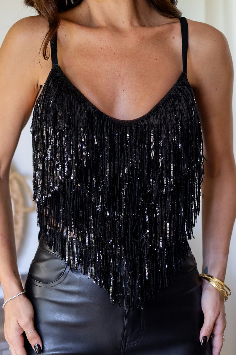 Black Sequin Tassel Adjustable Straps Crop Cami Top