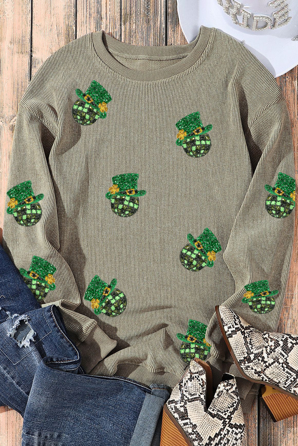 Green Sequin St Patrick Disco Ball Patch Corded Graphic Sweatshirt