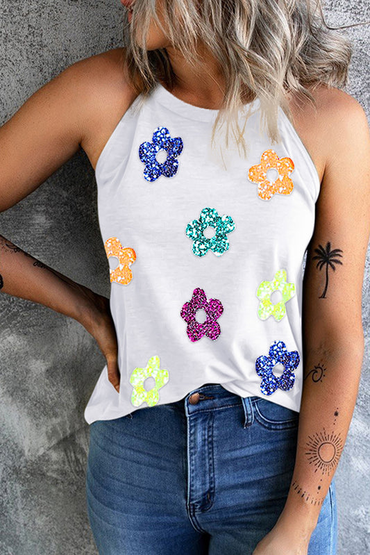 Sequin Flower Grecian Neck Tank