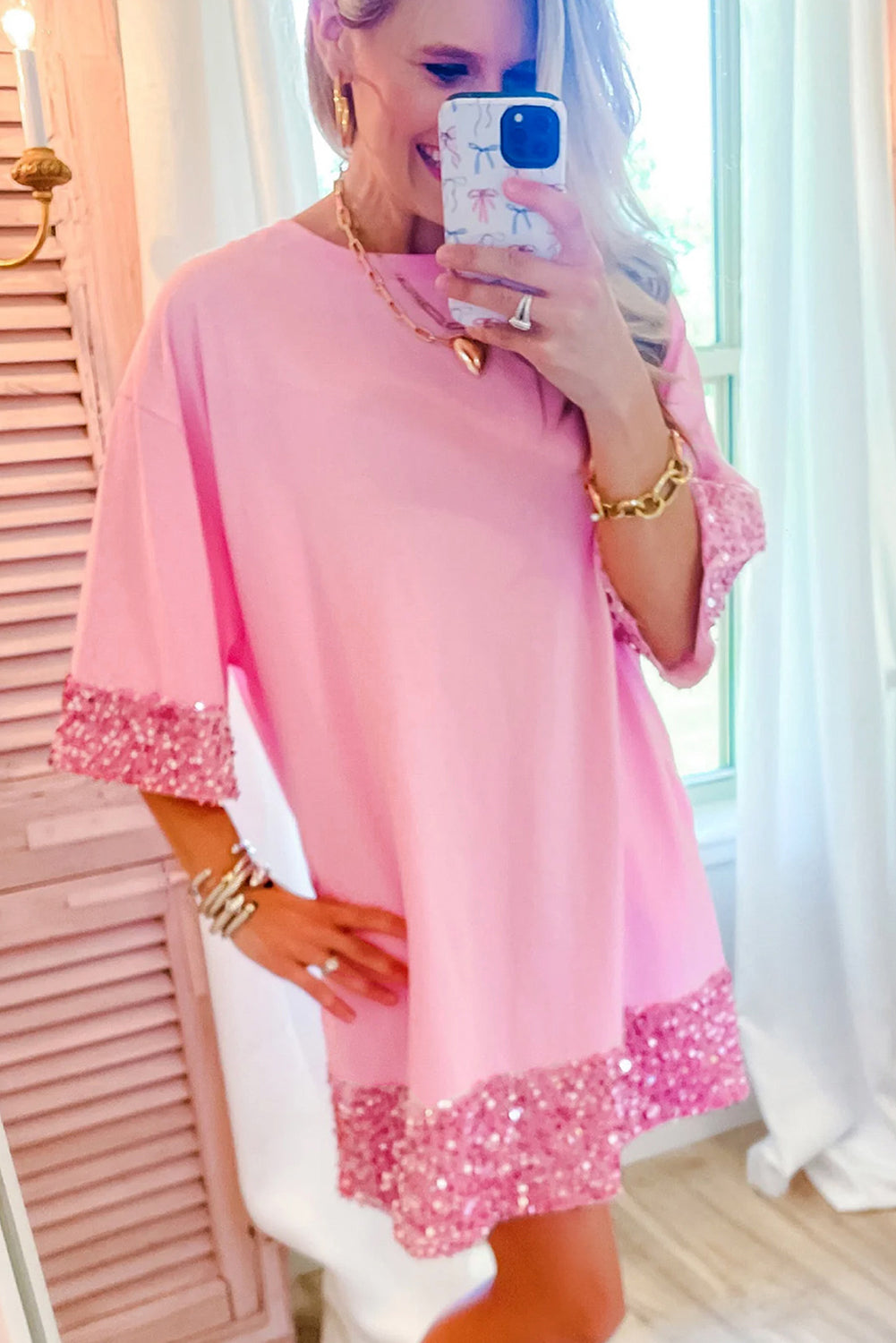 Bonbon Drop Sleeve Sequin Trim T-Shirt Dress