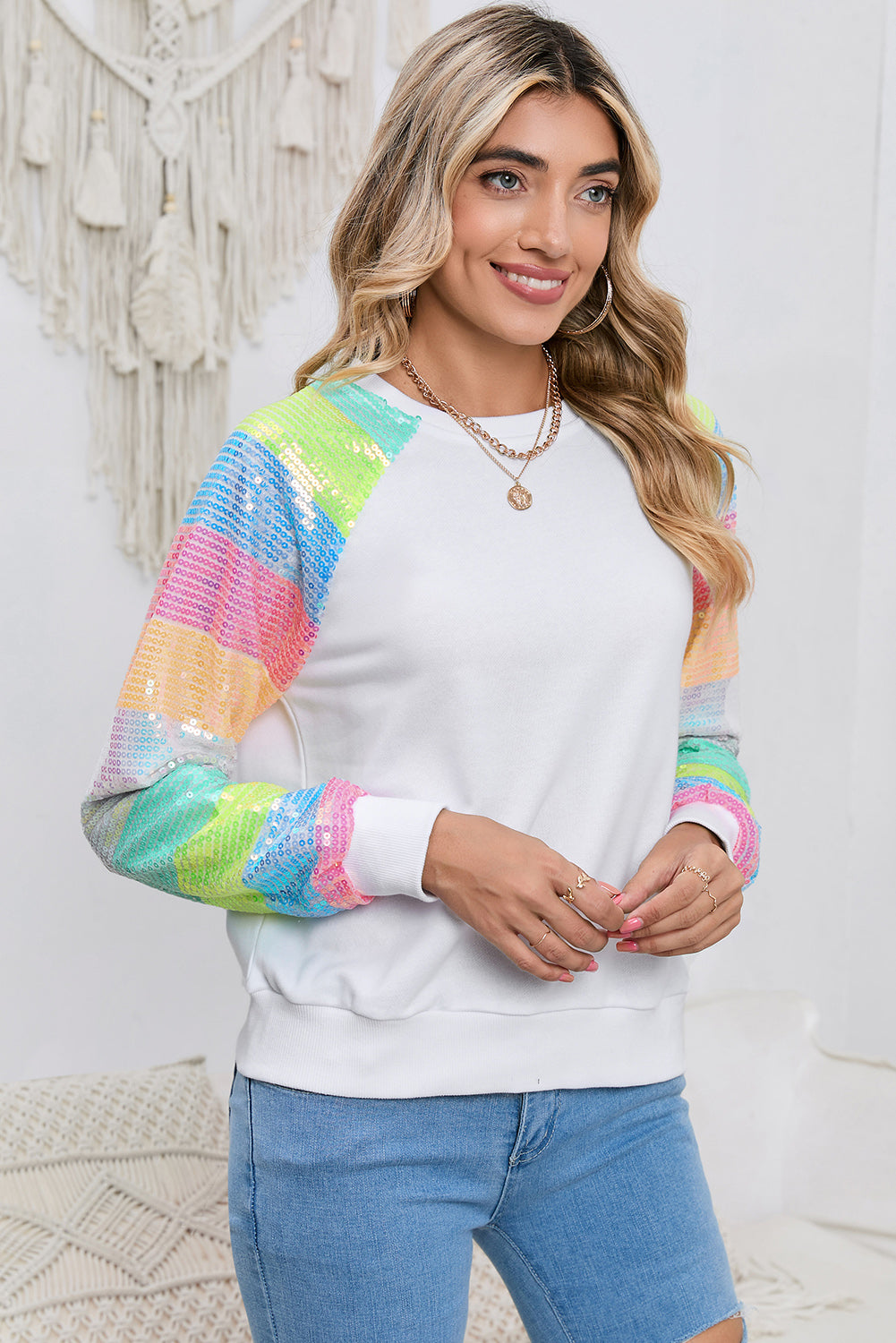 Gray Sequin Color Block Long Sleeve Pullover Sweatshirt