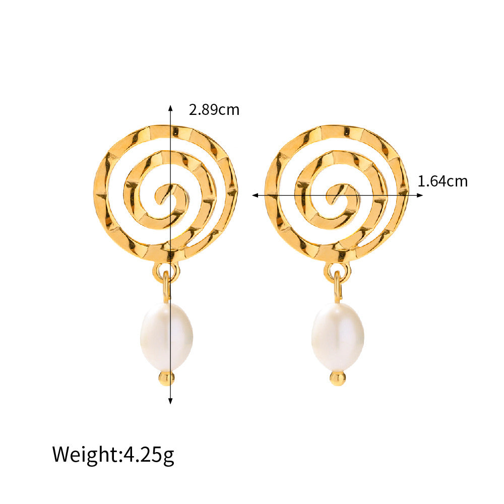 18K Gold Exquisite Simple Hollow Ring with Freshwater Pearl Design Pendant Earrings