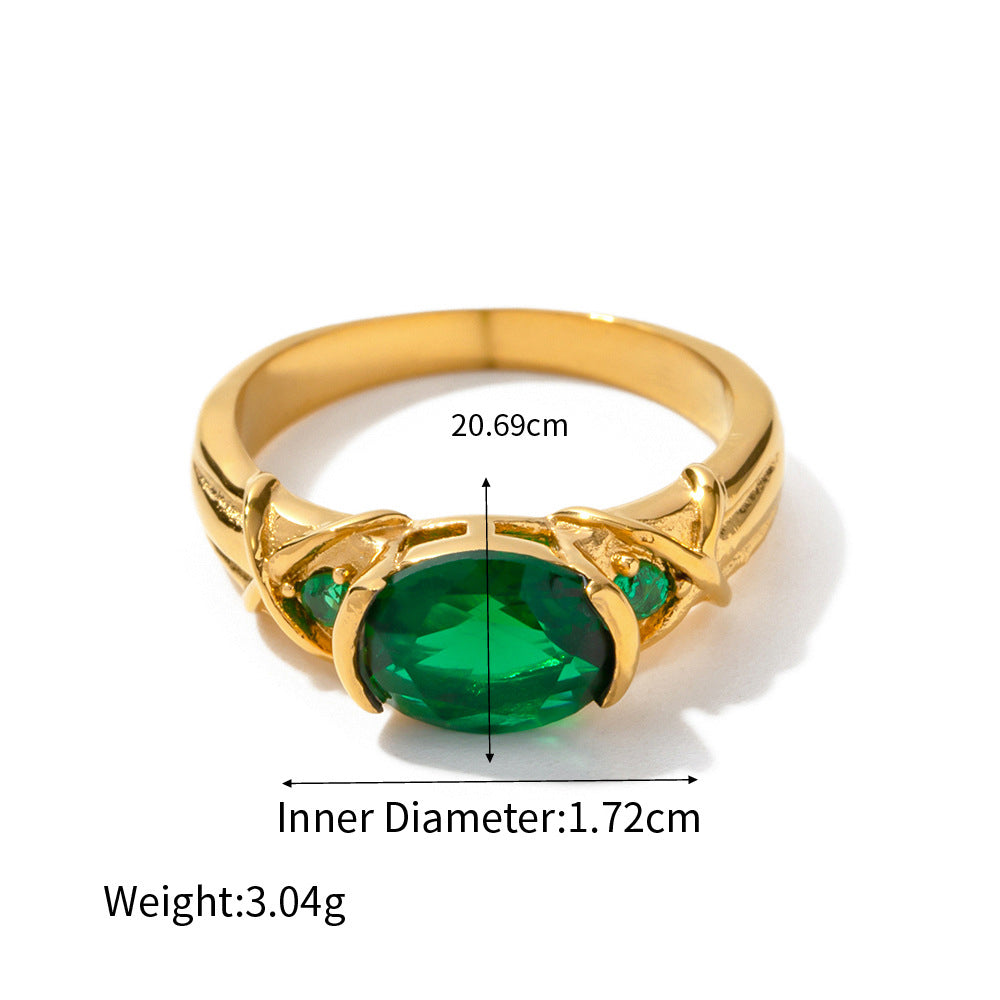 18K Gold Exquisite Fashion Inlaid Large Oval Green Zircon Design Versatile Ring